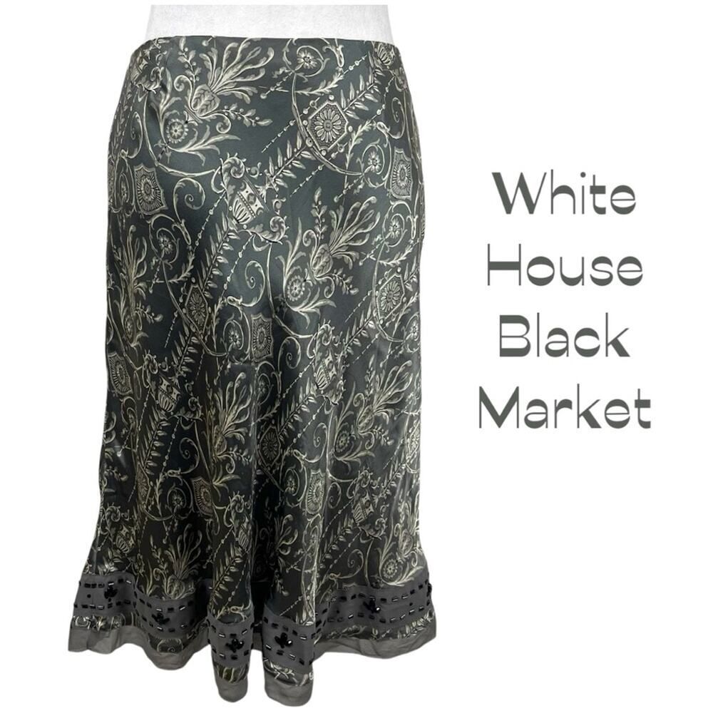White House Black Market Gray Paisley Silk Beaded Skirt NWOT Size 4 Feminine
